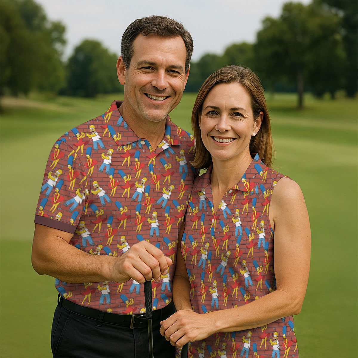 Funny Cartoon Couple Pattern Golf Polo Shirt, Mens Golf Shirts, Golf Polo Shirts For Men