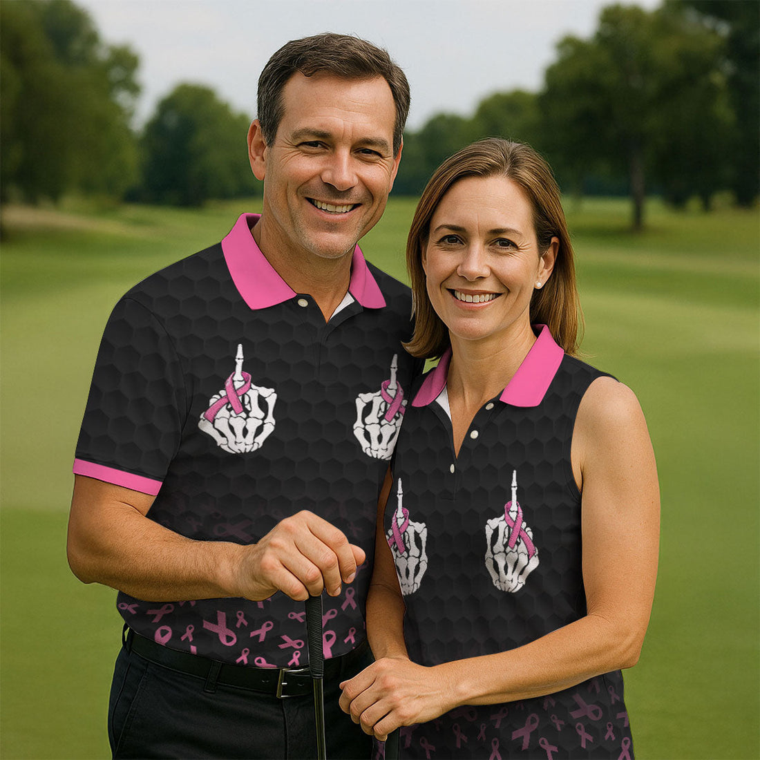 Two Skeleton Middle Fingers Breast Cancer Polo Shirt, Mens Polo Shirts, Mens Golf Apparel
