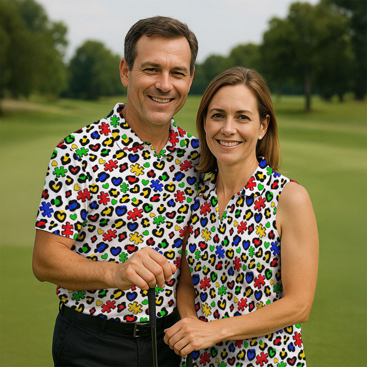 Autism Awareness Color Leopard Pattern White Golf Shirt, Women's Golf Tops, Ladies Golf Shirts, Ladies Golf Polos