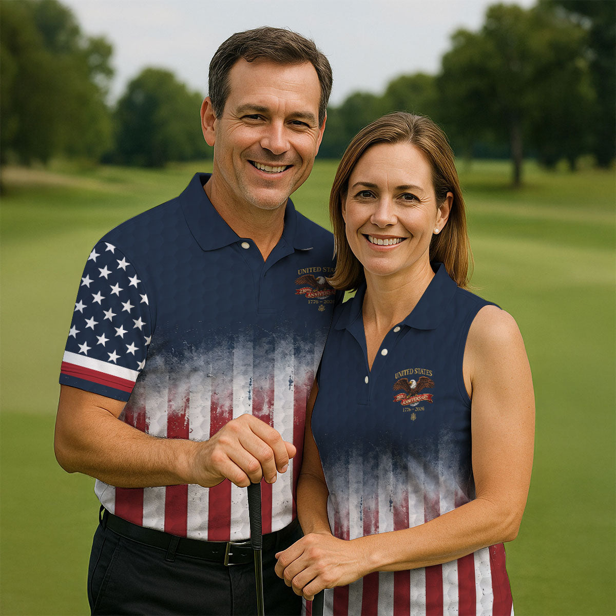 United States 250th Anniversary Distressed Flag Golf Tops For Men, Golf Ball Pattern Golf Shirts For Men