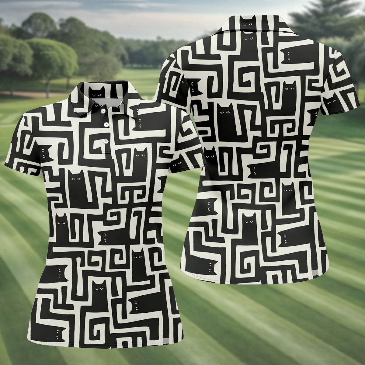 Minimalist Black Cat Maze Pattern Golf Polo Shirt, Women's Golf Tops, Golf Polo For Women