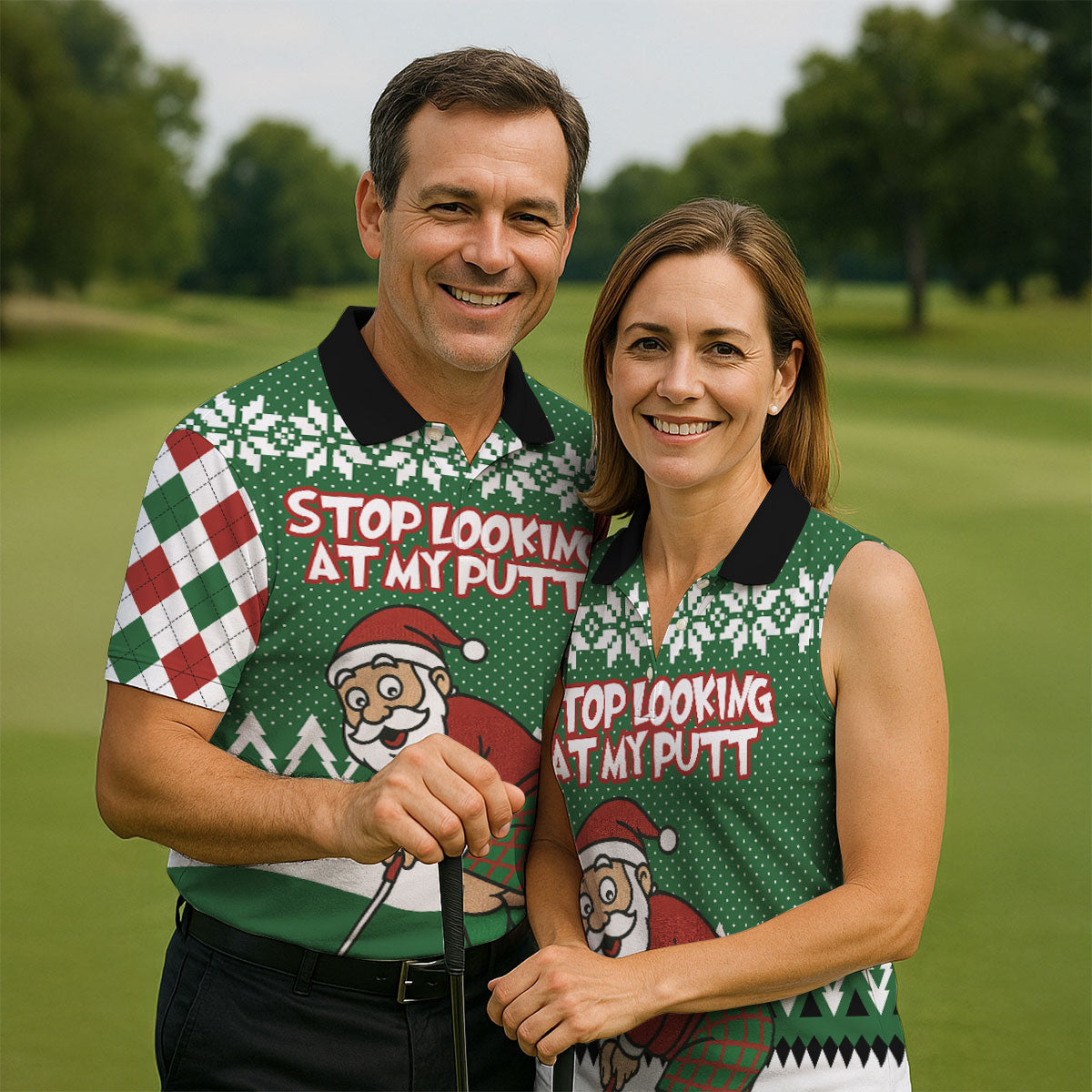 Stop Looking At My Putt Funny Santa Claus Argyle Golf Shirt, Christmas Golf Shirt, Polo Shirts For Men