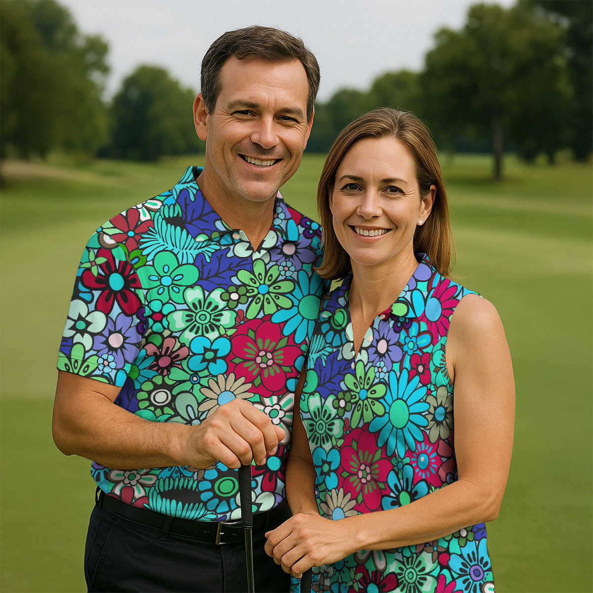 Blue Green Retro Flower Power Golf Shirt, Mens Golf Shirts, Hawaiian Golf Shirt, Golf Shirts For Men