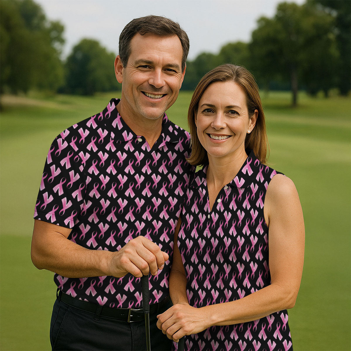 Pink Ribbon Pattern Breast Cancer Polo Shirt, Men's Golf Shirt, Mens Golf Apparel