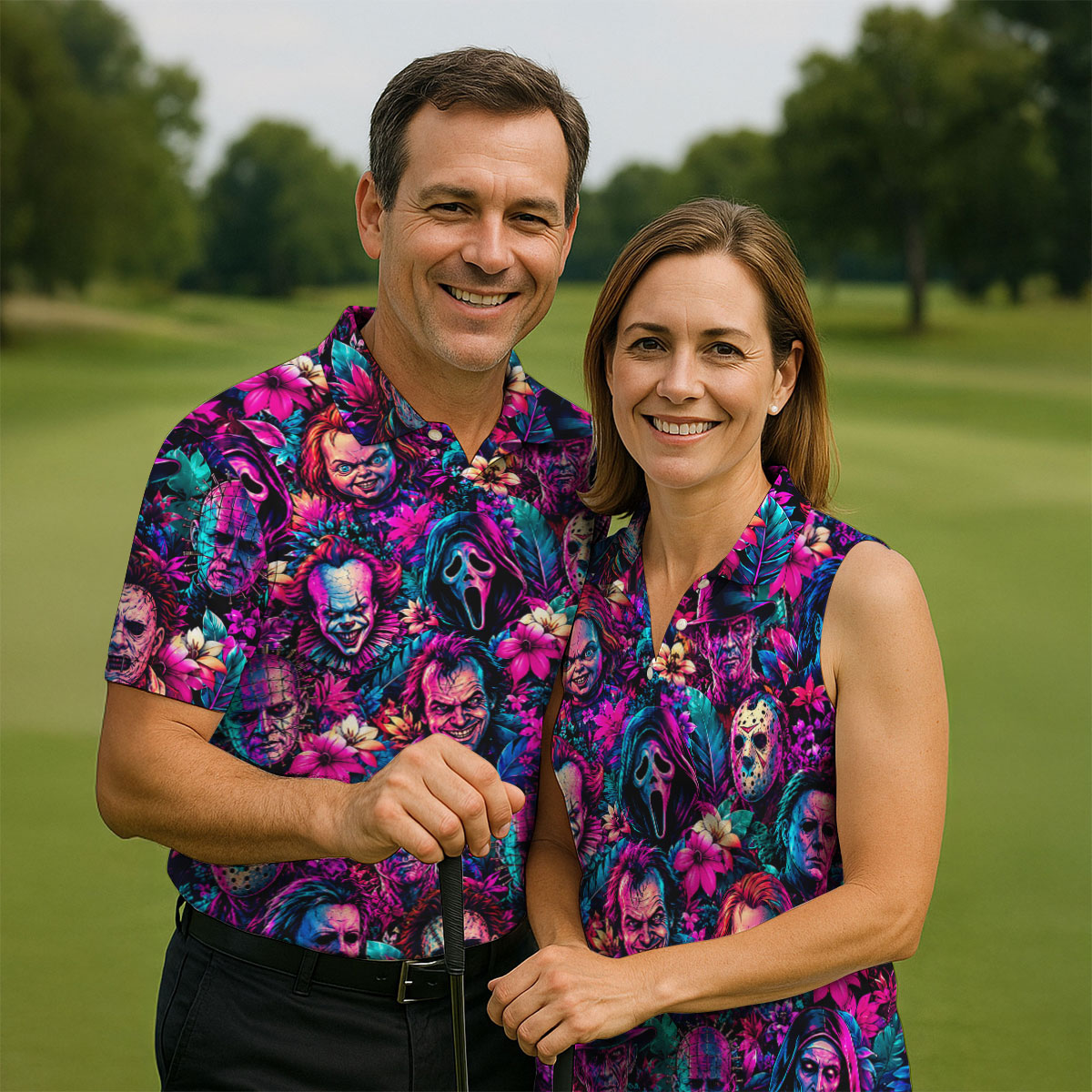 Neon Floral Horror Character Halloween Golf Shirt, Golf Shirts For Men, Mens Golf Apparel