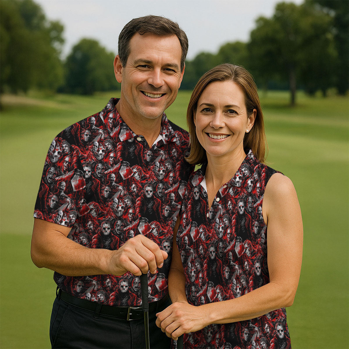 Horror Character Slasher Pattern Golf Polo Shirt, Mens Golf Shirts, Hawaiian Golf Shirt