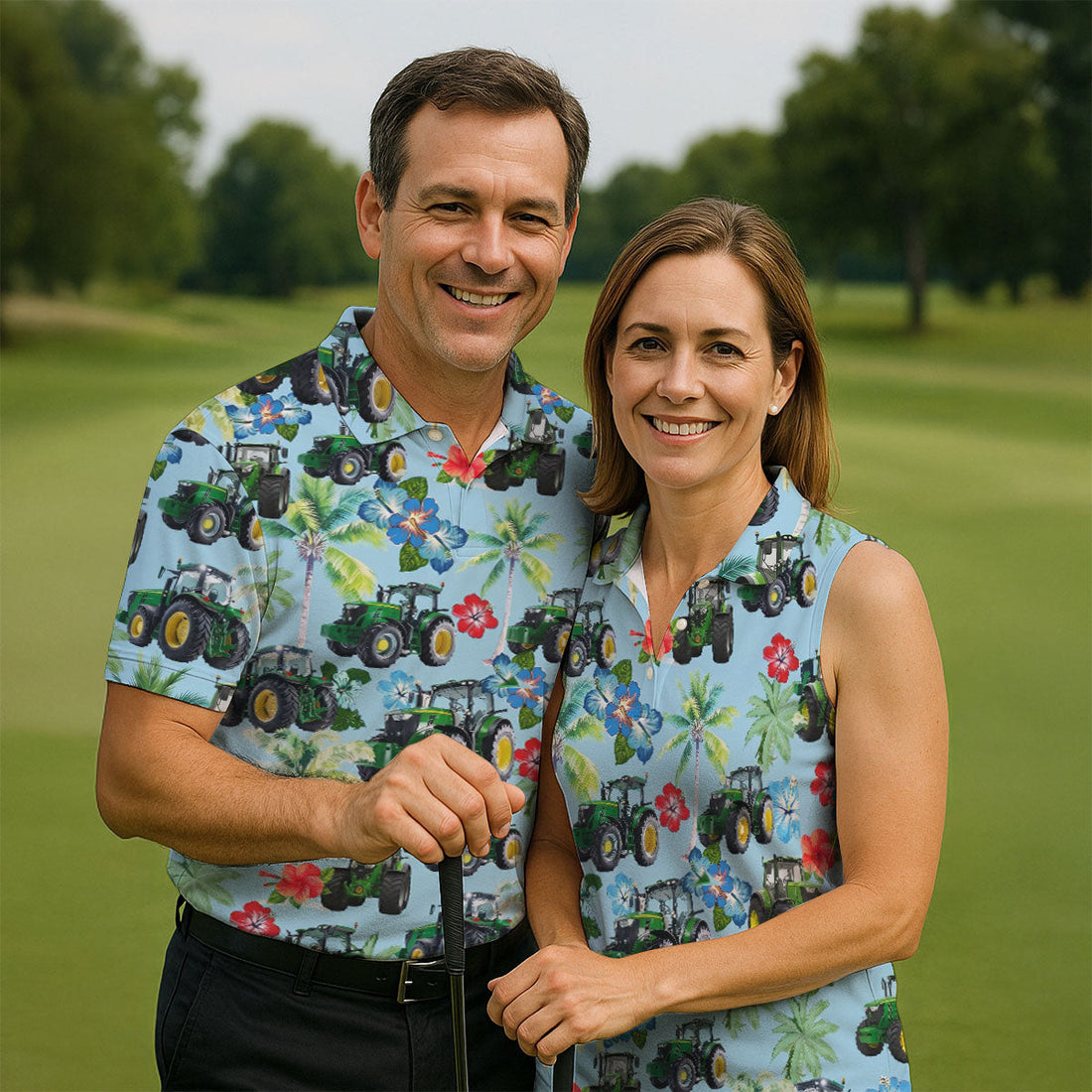 Vintage Tractor Palm Tree Design Hawaiian Golf Shirt, Golf Shirts For Men, Polo Shirts For Men