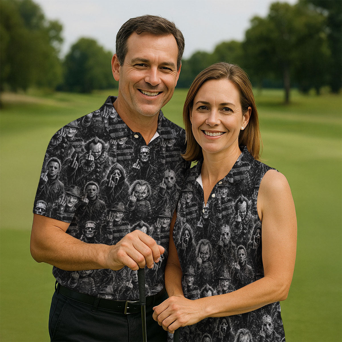Horror Character Villains Pattern Golf Polo Shirt, Men's Golf Shirt, Hawaiian Golf Shirt