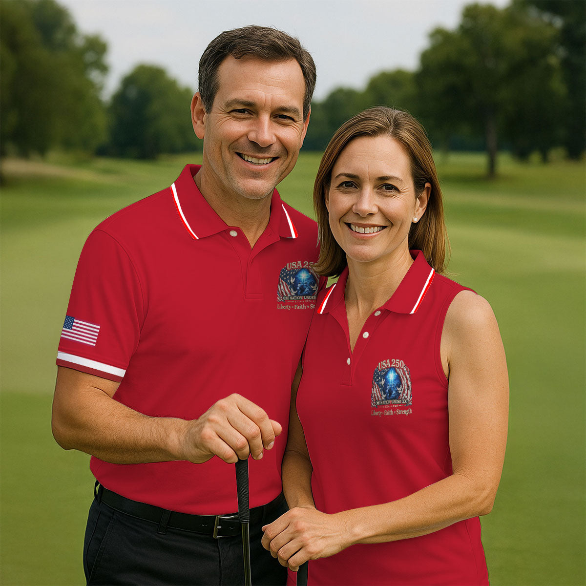 One Nation Under God Faith Cross USA 250 Logo Red Golf Shirt, 4th Of July Golf Shirts For Men