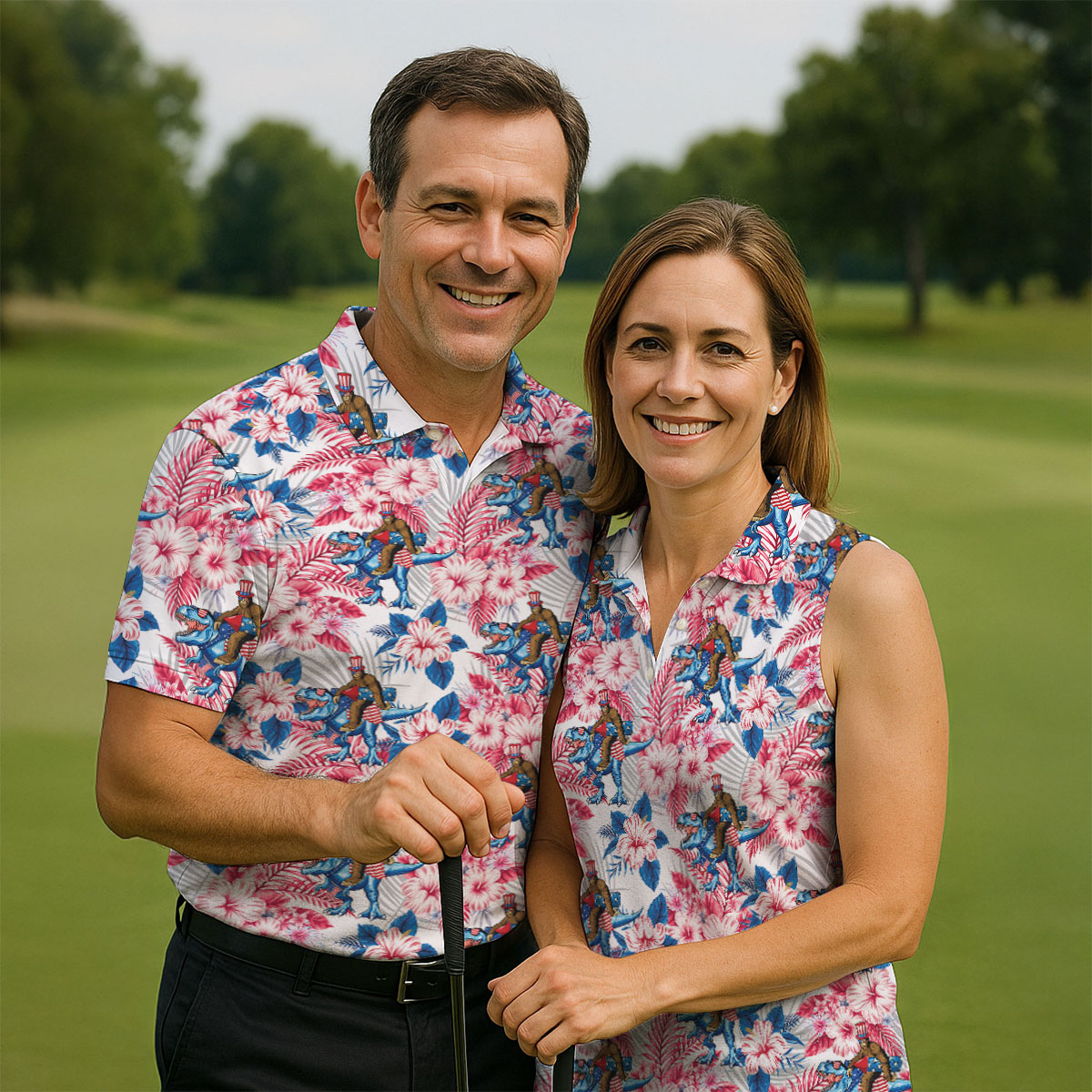 Patriotic T-Rex Bigfoot Hawaiian Floral Golf Shirt, 250 Years 4th Of July Golf Shirts For Men