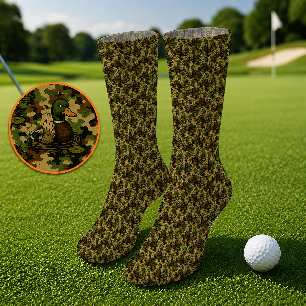 Funny Mallard Duck Golf Socks, Camo Duck Pattern Sock, Hunting Gift For Golf Lovers