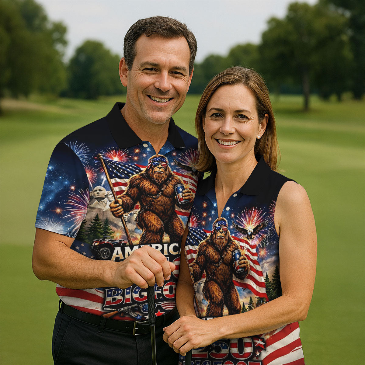 American 250 US Flag Pattern Bigfoot Golf Shirt, Patriotic 4th Of July Golf Shirts For Men