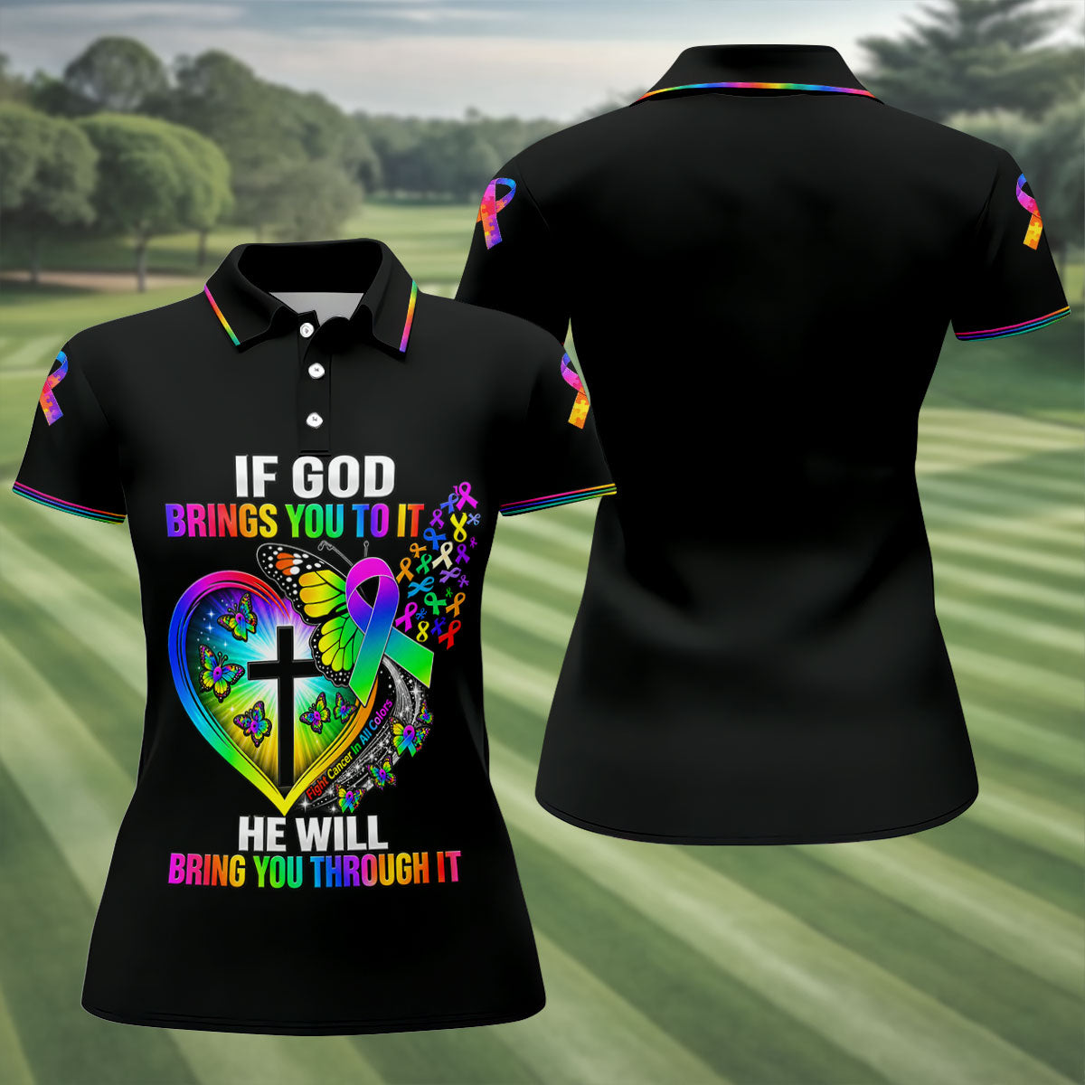 If God Brings You To It Butterfly Cancer Polo Shirt, Ladies Golf Tops, Printed Golf Shirt