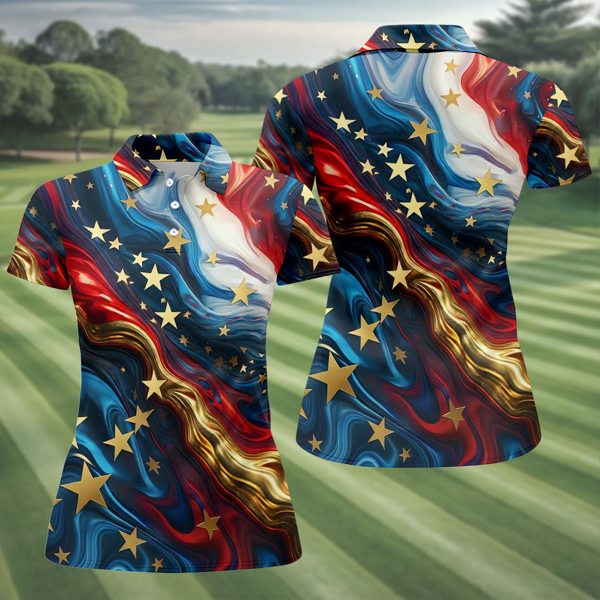 Abstract American Flag Stars Golf Polo Shirt, Women’s Golf Polo, Performance Golf Shirt