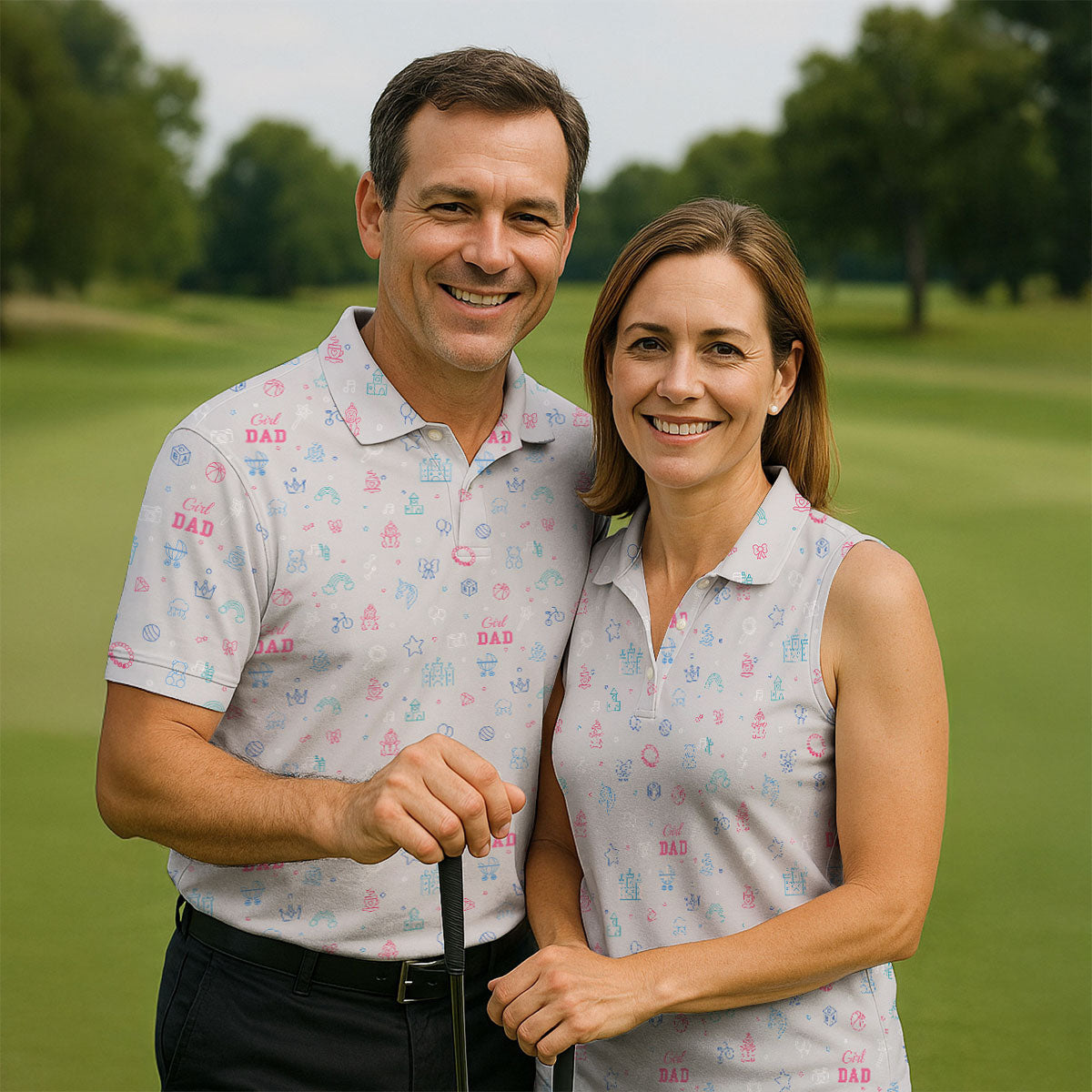 Dad Daughter Doodle Pattern Cute Golf Shirt, Father's Day Golf Shirt, Golf Gift For Dad