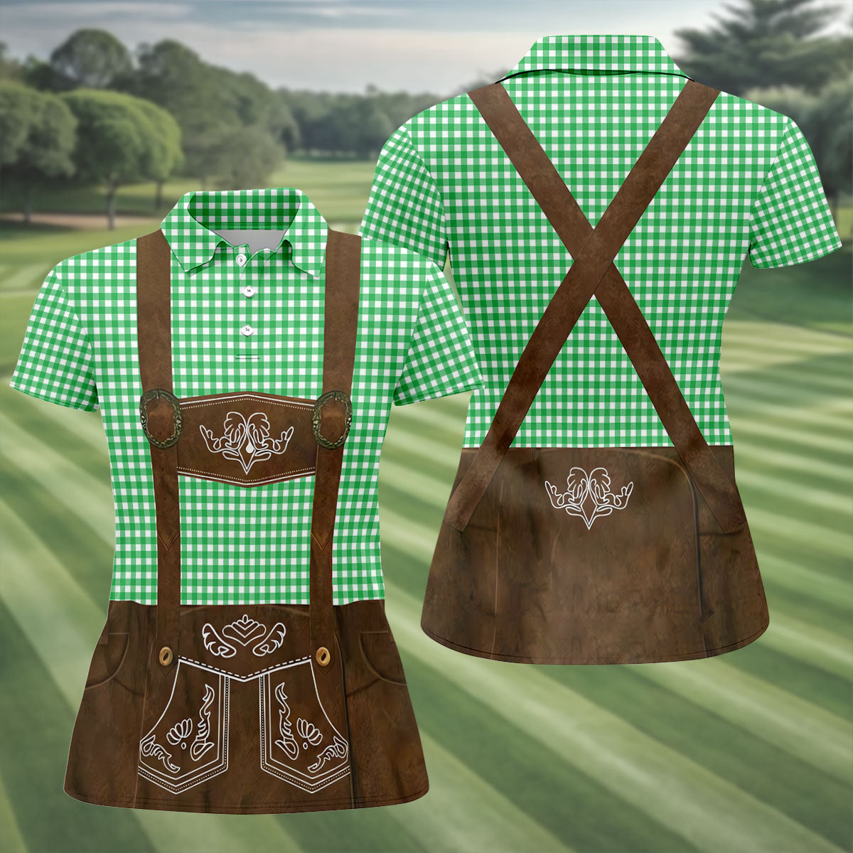 Women's Green Oktoberfest Lederhosen Illusion Sleeveless Golf Polo, Ladies Golf Top, Golf Polo For Women