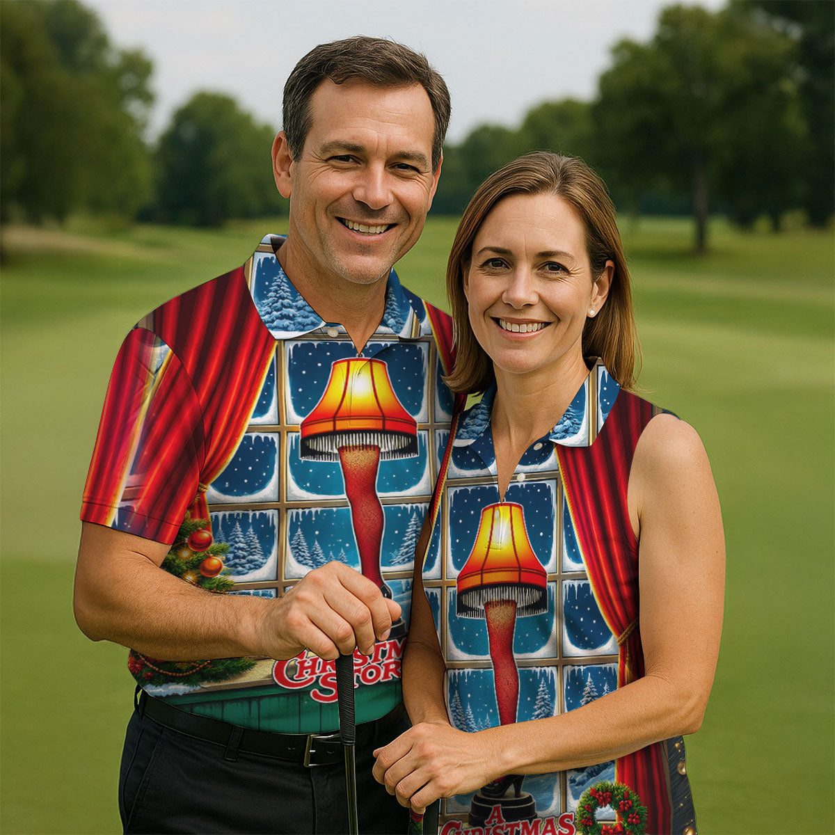 Funny Christmas Leg Lamp Window Golf Polo Shirt, Mens Golf Polo, Golf Apparel For Men