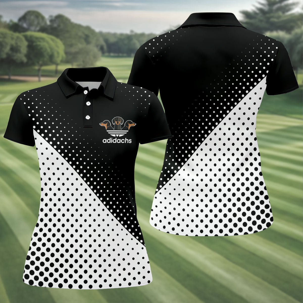 Adidachs Funny Dachshund Black Golf Shirt, Fun Women's Golf Shirts, Ladies Golf Shirts
