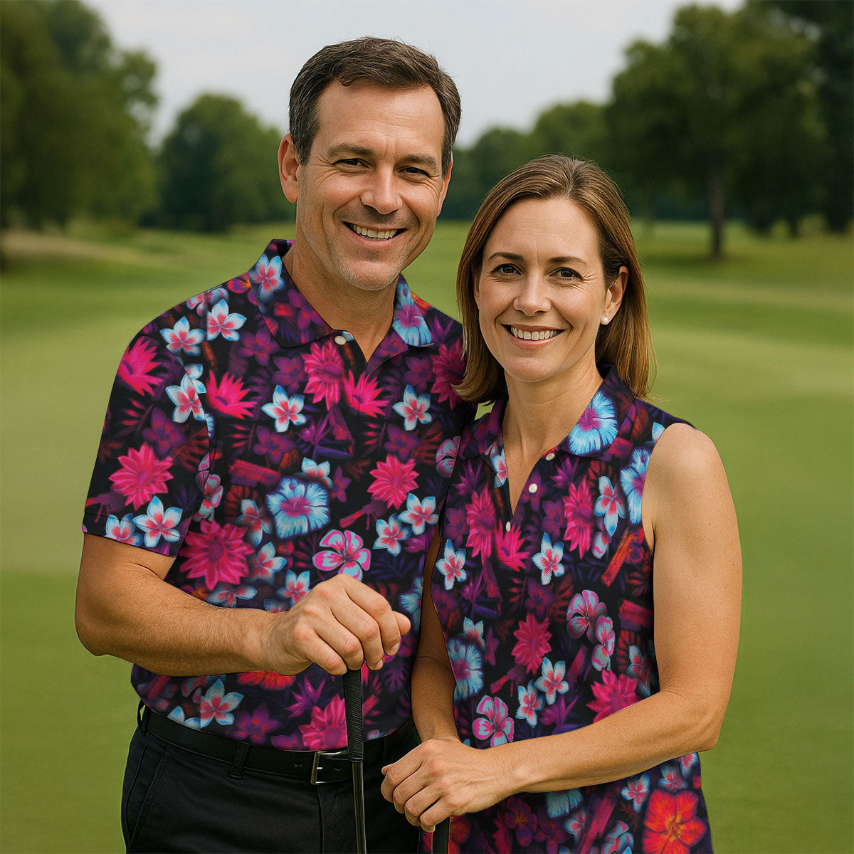Colorful Hibiscus Tropical Floral Hawaiian Golf Shirt, Summer Vibe Golf Shirts For Men