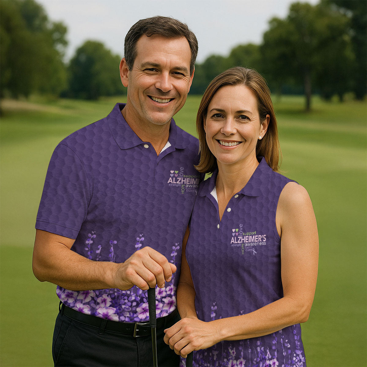 Purple Alzheimer's Awareness Floral Polo Shirt, Golf Polo Shirts For Men, Mens Golf Polo