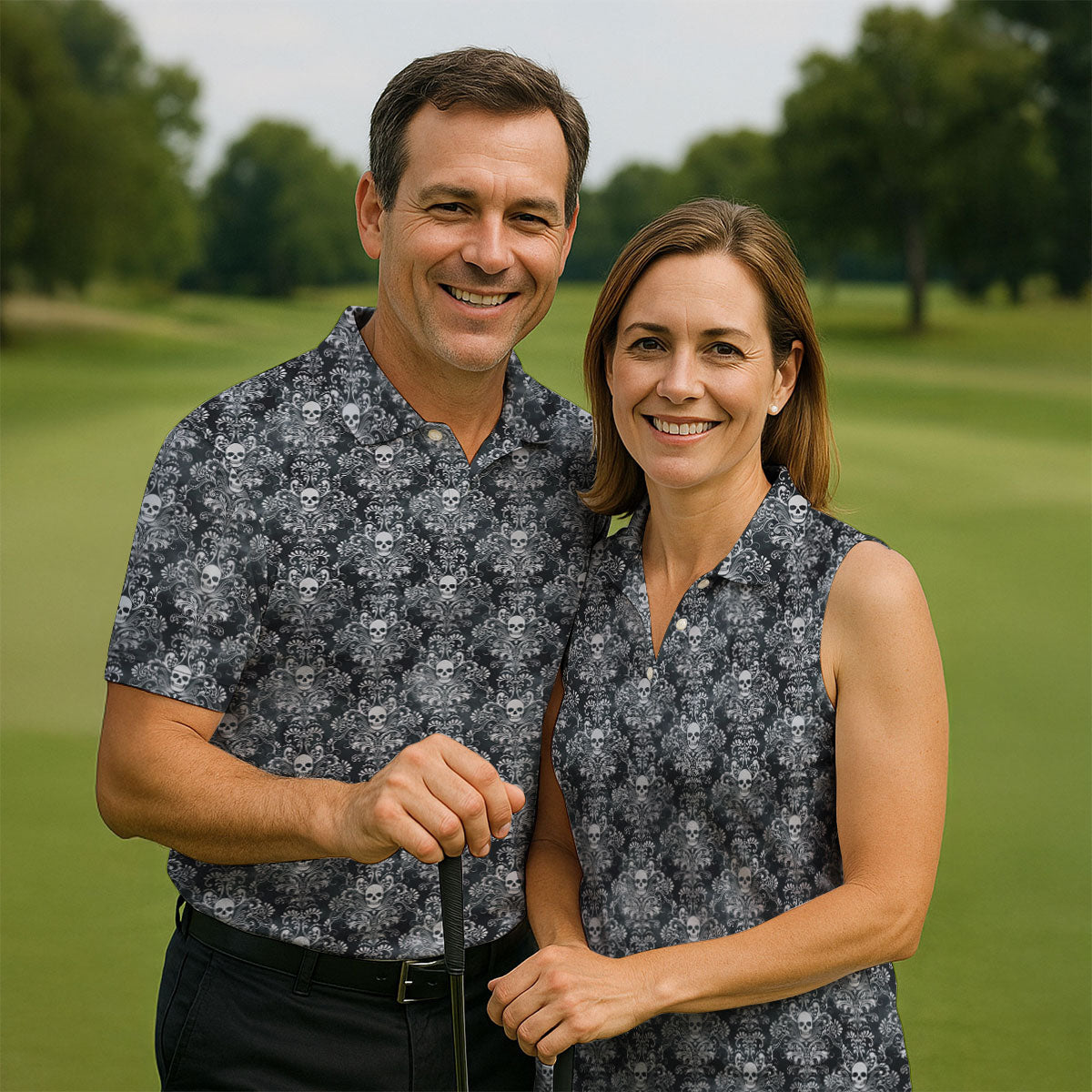 Skull Damask Charcoal Grey Gothic Floral Golf Tops For Men, Polo Shirts For Men, Golf Shirts For Men