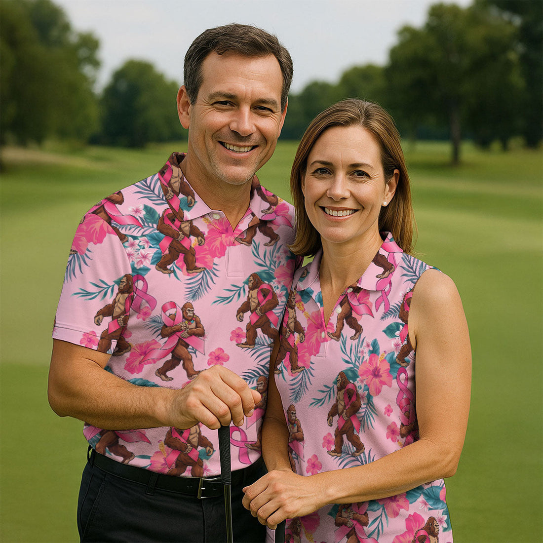 Bigfoot Pink Ribbon Floral Breast Cancer Polo Shirt, Mens Golf Polo, Mens Golf Shirts