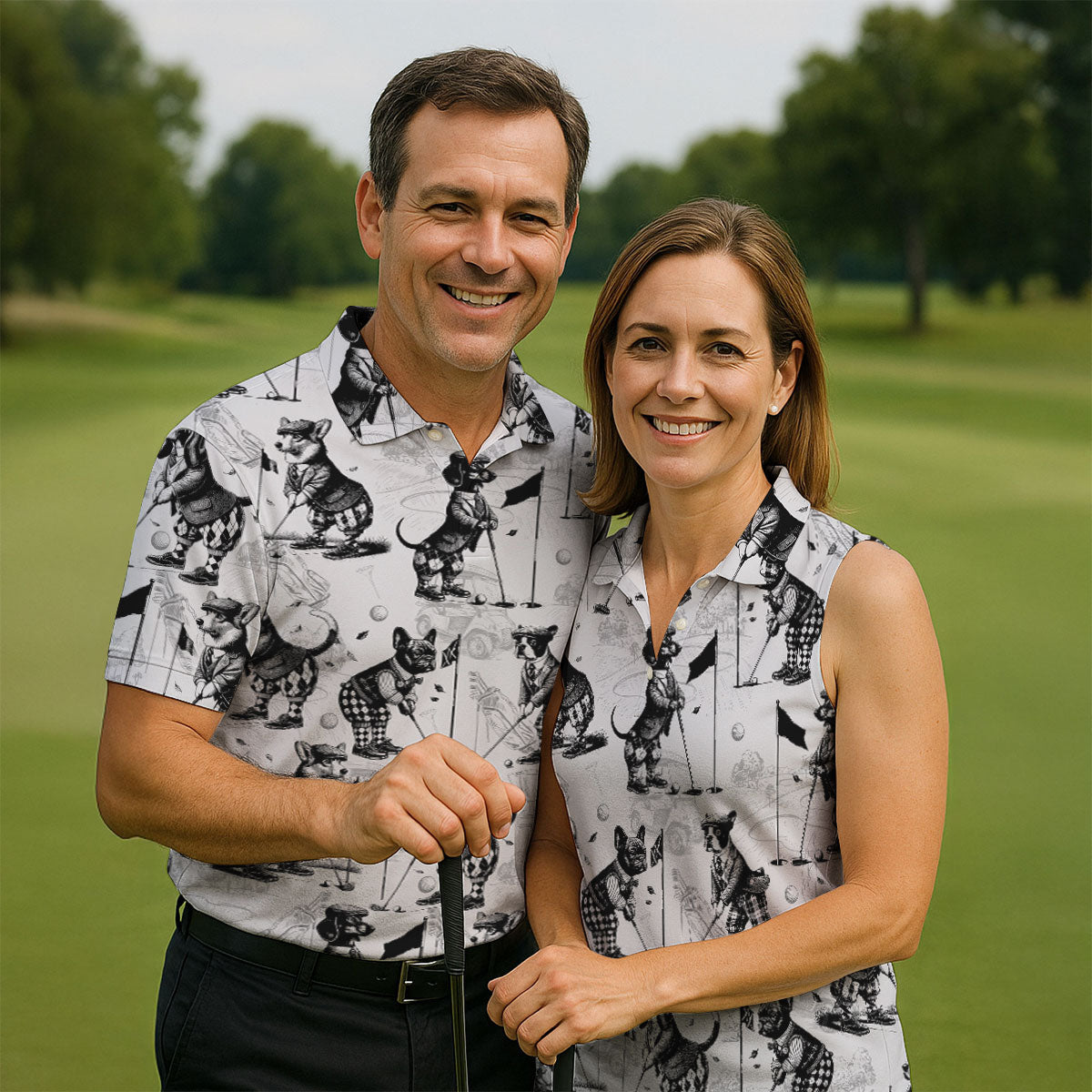 Vintage Golfing Dogs Pattern Golf Polo Shirt, Women’s Golf Polo, Golf Tops For Women