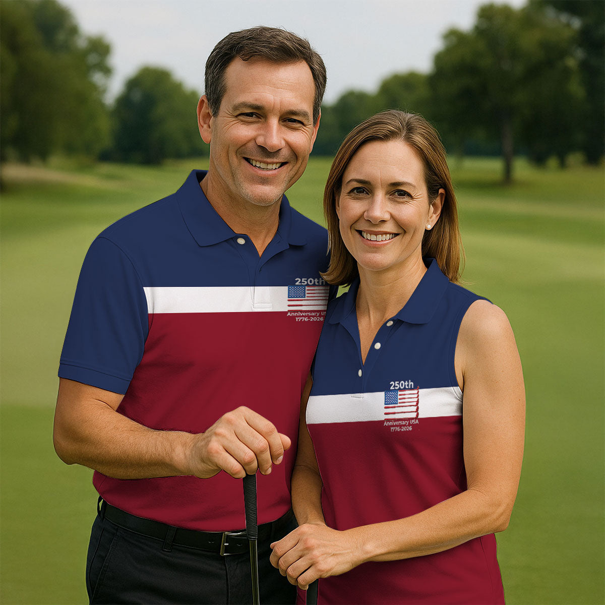 250th Anniversary USA 1776-2026 Red White Blue Printed Golf Tops For Men, 4th Of July Golf Shirts For Men
