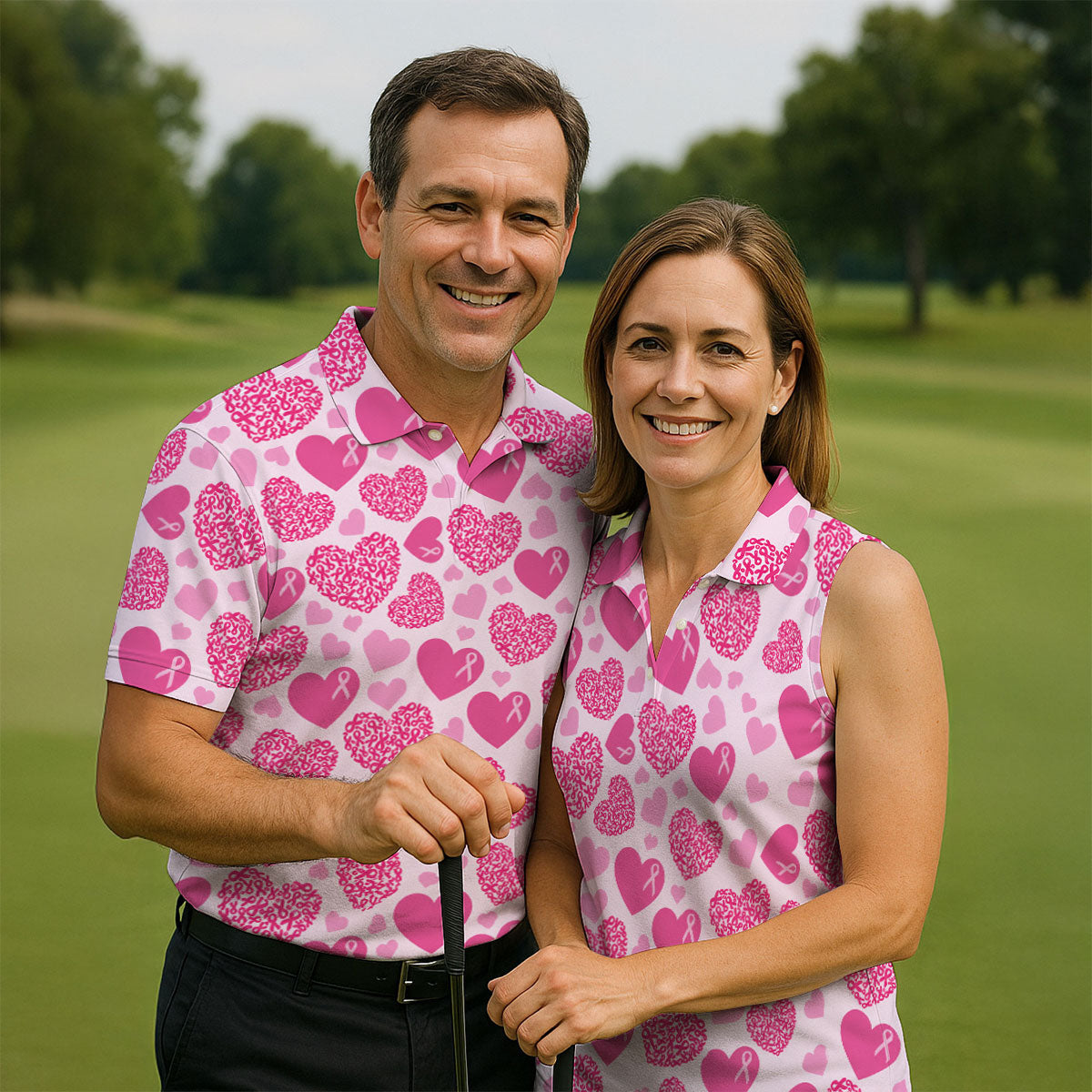Pink Ribbon Heart Pattern Breast Cancer Polo Shirt, Golf Shirts For Men, Mens Golf Apparel