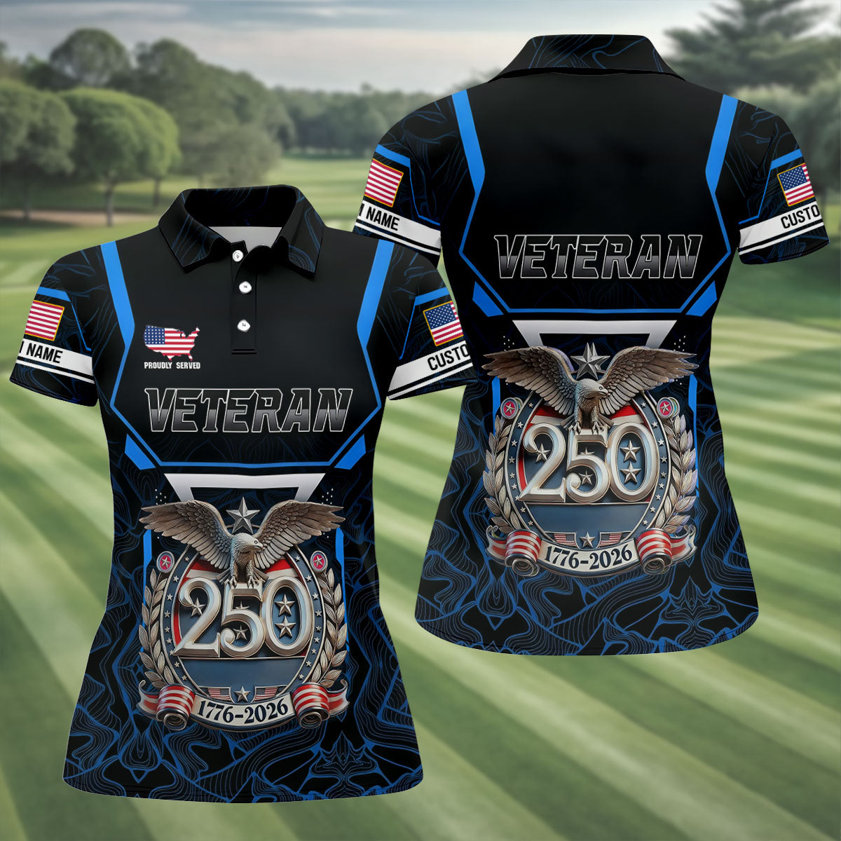 Personalized Veteran America 250 Polo Shirt Blue Accent, Golf Polo For Women, Ladies Golf Tops