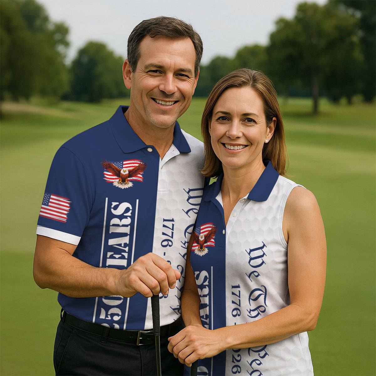 We The People Bald Eagle US Flag Golf Ball Pattern 250 Years Patriotic 4th Of July Golf Shirts For Men