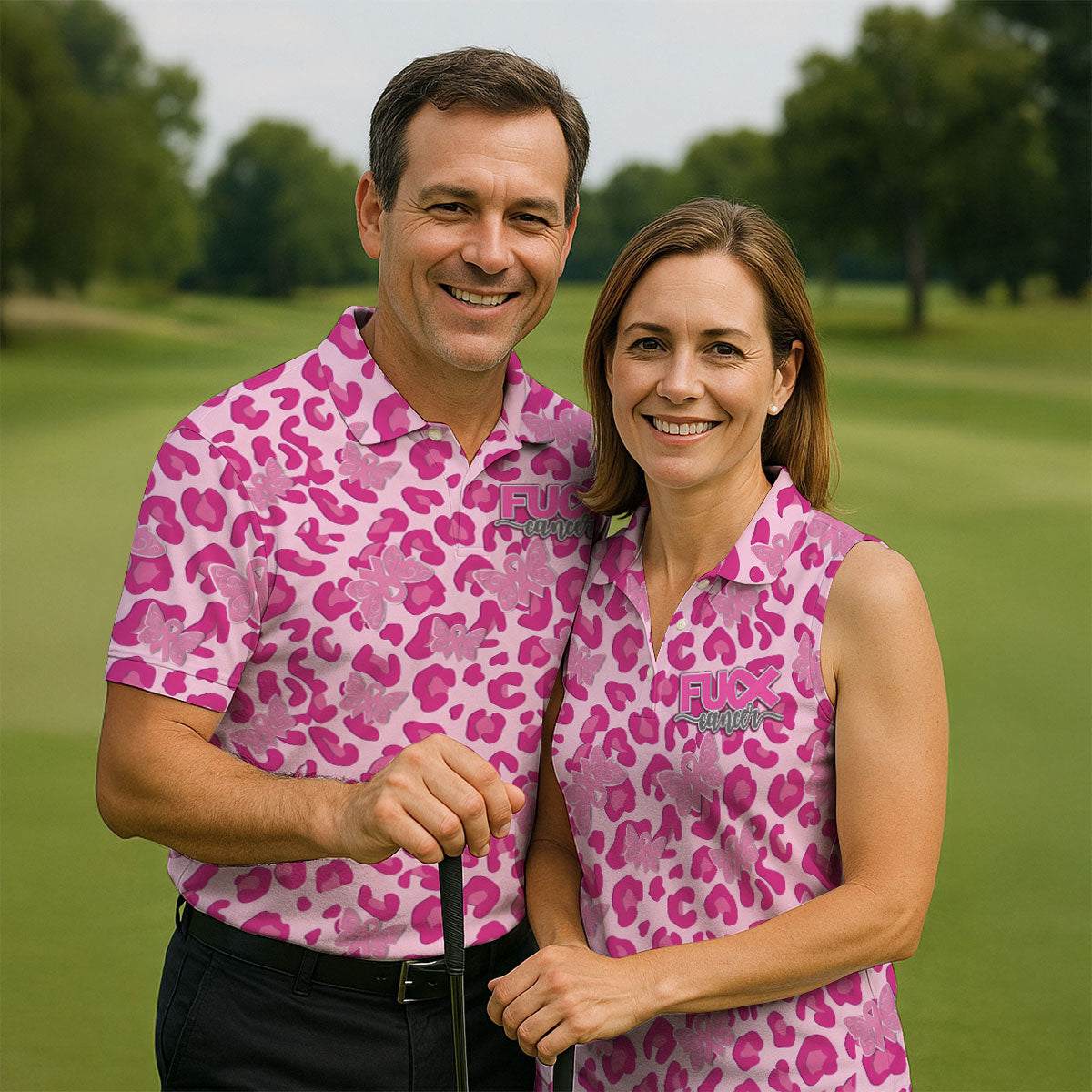 F*ck Cancer Leopard Butterfly Breast Cancer Polo Shirt, Men's Golf Shirt, Mens Golf Polo