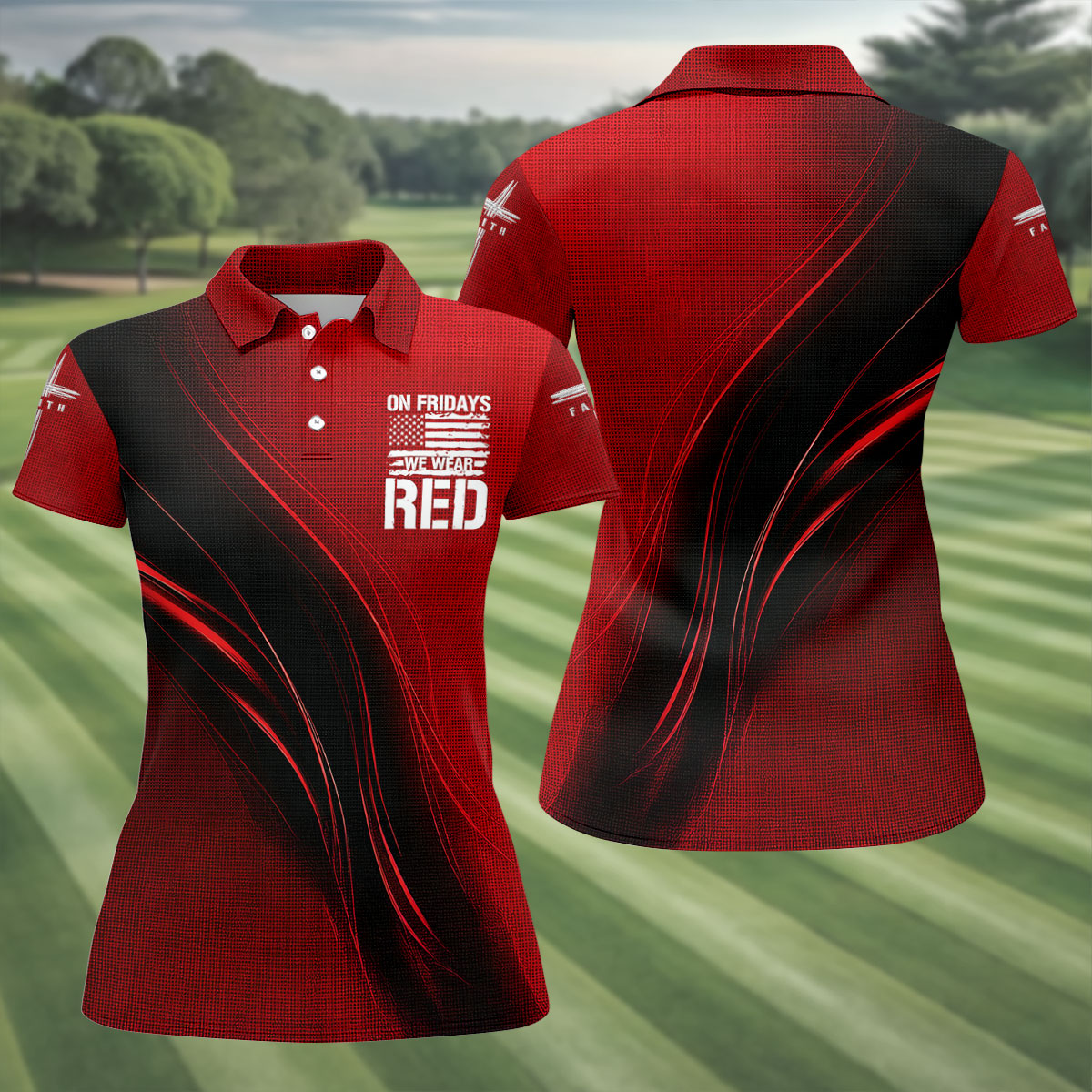 On Friday We Wear Red Faith Cross Red Black Gradient Patriotic Golf Shirt, 250 Years Golf Shirt For Women