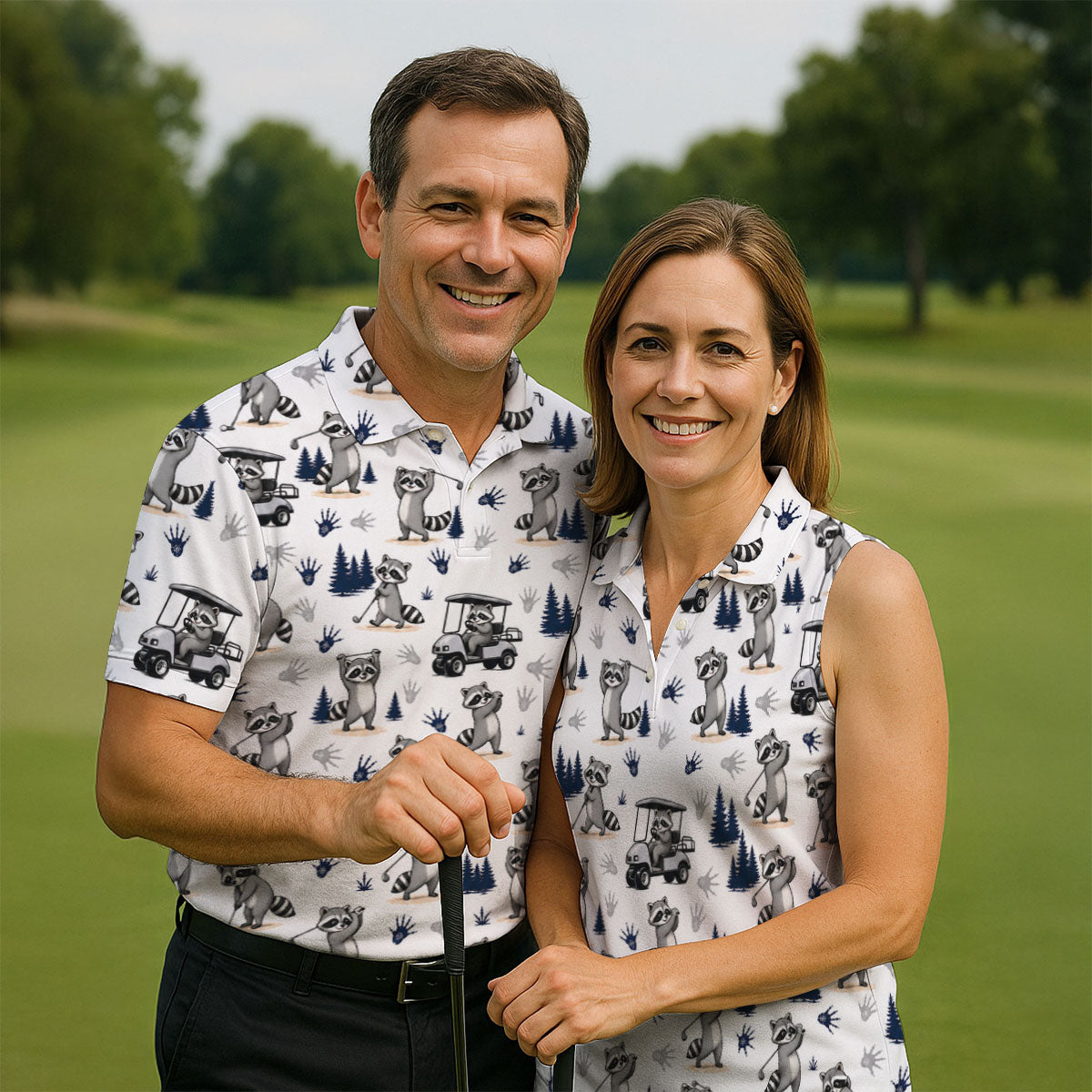 Funny Raccoon Golf Cart Pattern Polo Shirt, Men's Golf Shirt, Golf Apparel For Men