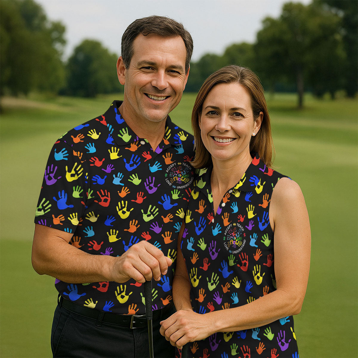 Accept Teach Understand Love Autism Awareness Colorful Handprint Black Golf Shirt, Golf Shirts For Men