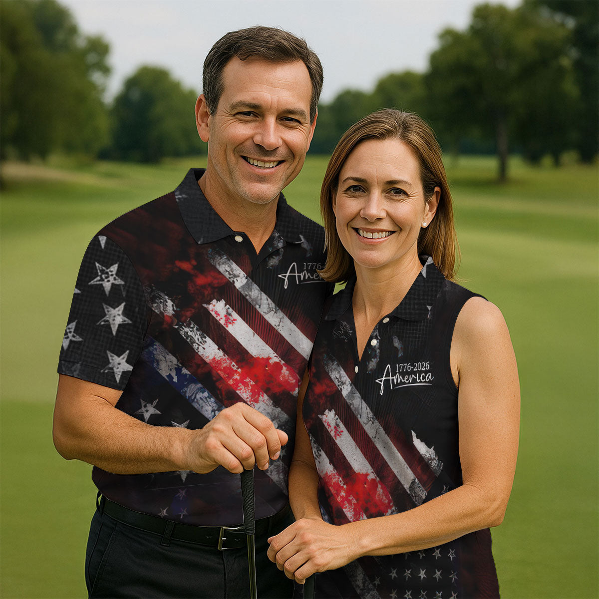 1776-2026 America Distressed Flag Black Golf Shirt, Patriotic 4th Of July Golf Shirts For Men