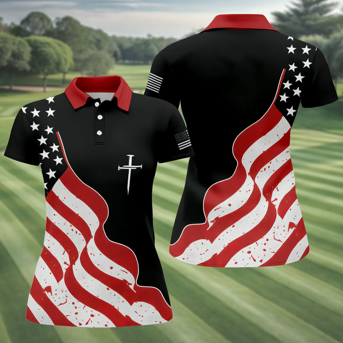 Faith Cross America 250th Anniversary 4th Of July Shirt, Patriotic Black Golf Shirt For Women