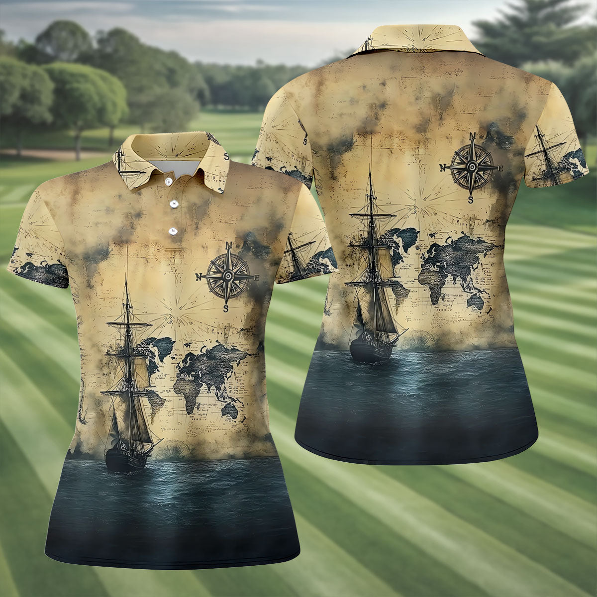 Vintage Ship Map Compass Ocean Golf Shirt, Golf Tops For Women, Women’s Golf Apparel