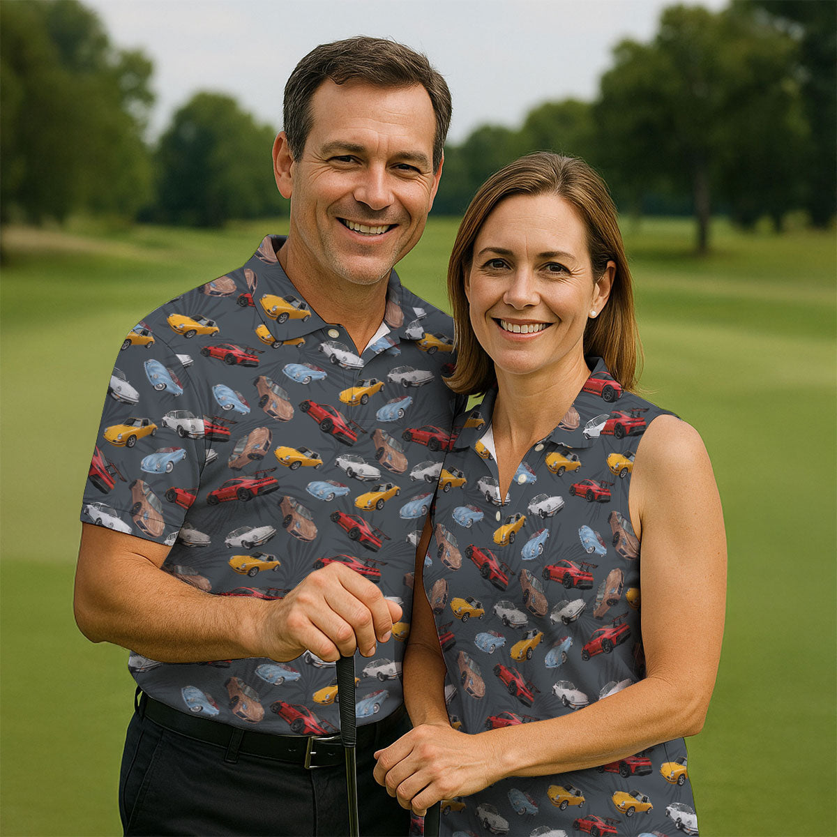 Charcoal Vintage Sports Car Pattern Golf Polo Shirt, Golf Shirts For Women, Women's Golf Polo