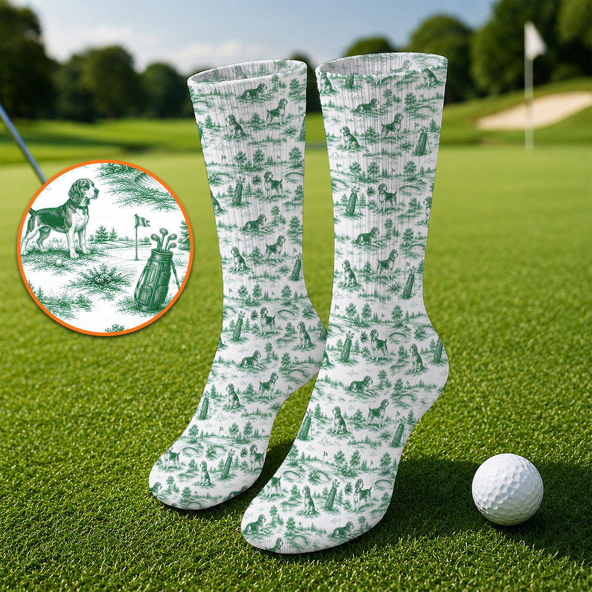 Beagle Toile De Jouy Golf Sock, Vintage Dog Pattern Golf Socks, Beagle Lover Golf Gift