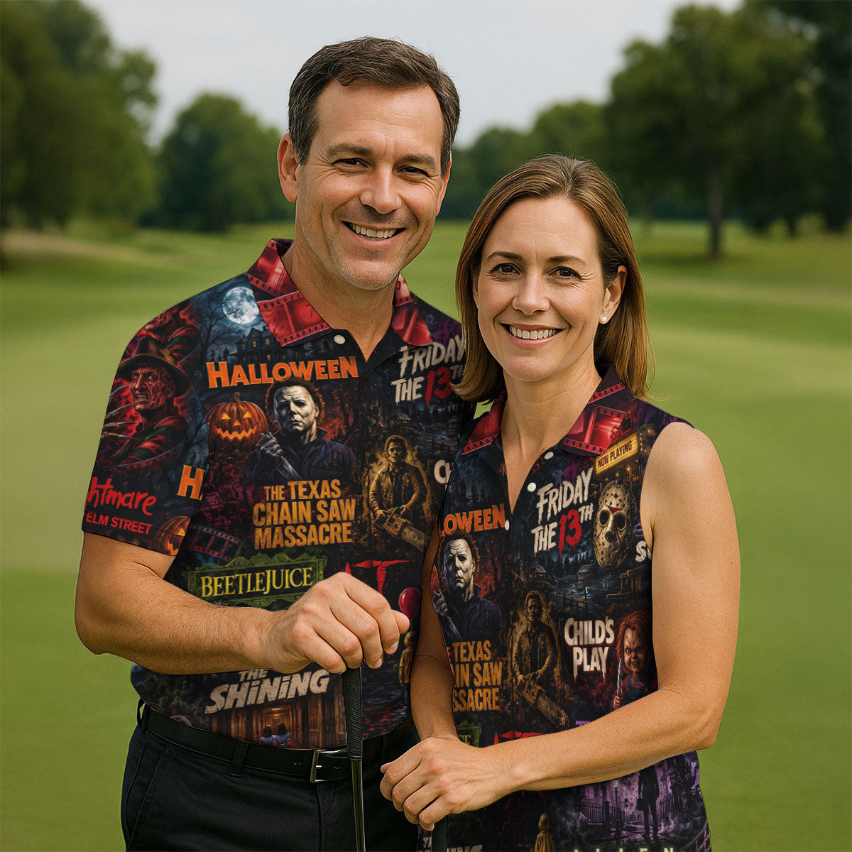Classic Horror Character Movie Poster Collage Golf Polo Shirt, Mens Golf Polo, Printed Golf Shirts