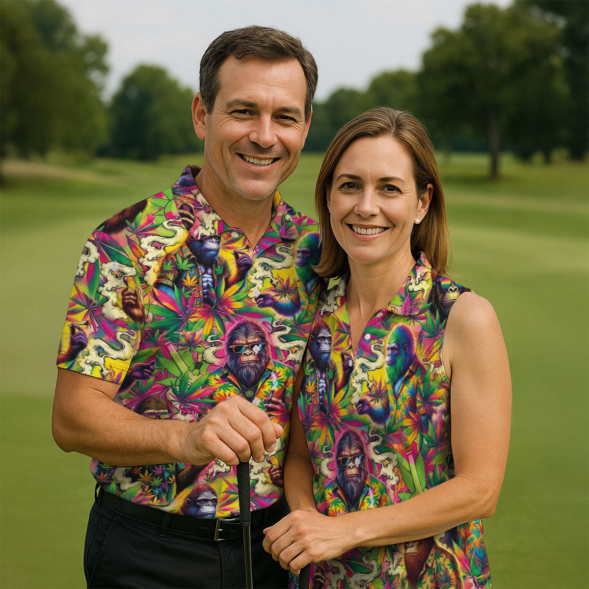 Psychedelic Bigfoot Cannabis Leaf Hawaiian Polo Shirt, Mens Golf Shirts, Golf Apparel For Men