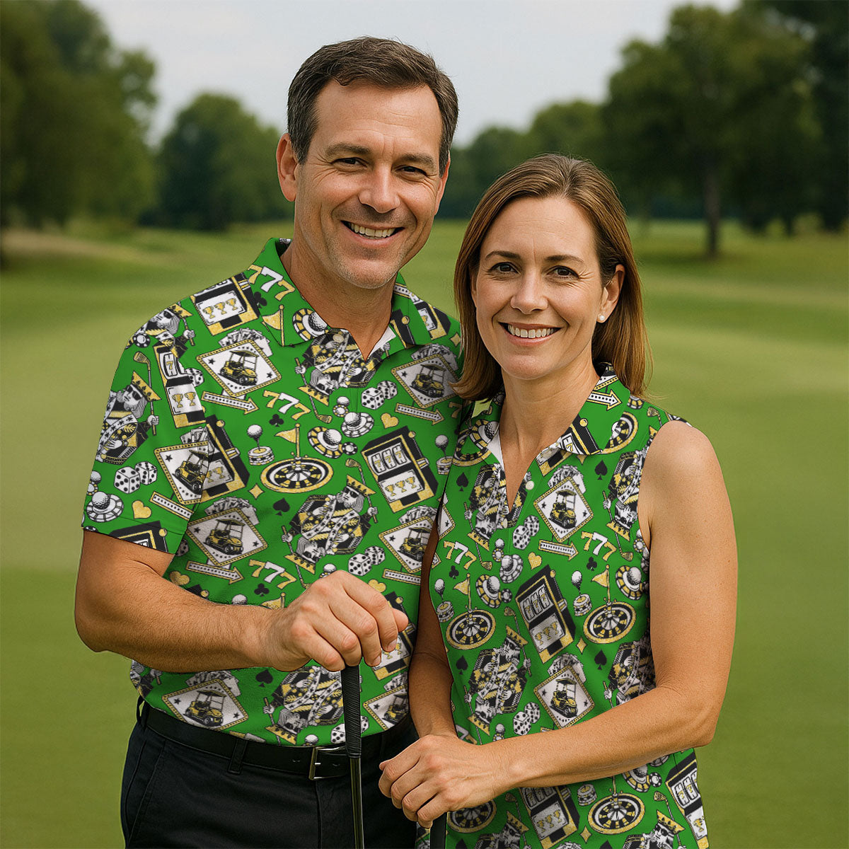 Casino Golf Pattern Green Hawaiian Golf Polo Shirt, Mens Golf Polo, Polo Shirts For Men