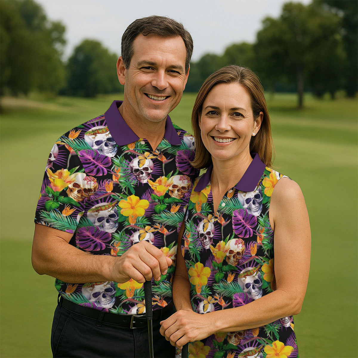 Tropical Sugar Skull Floral Golf Polo Shirt, Golf Shirts For Men, Printed Golf Shirts