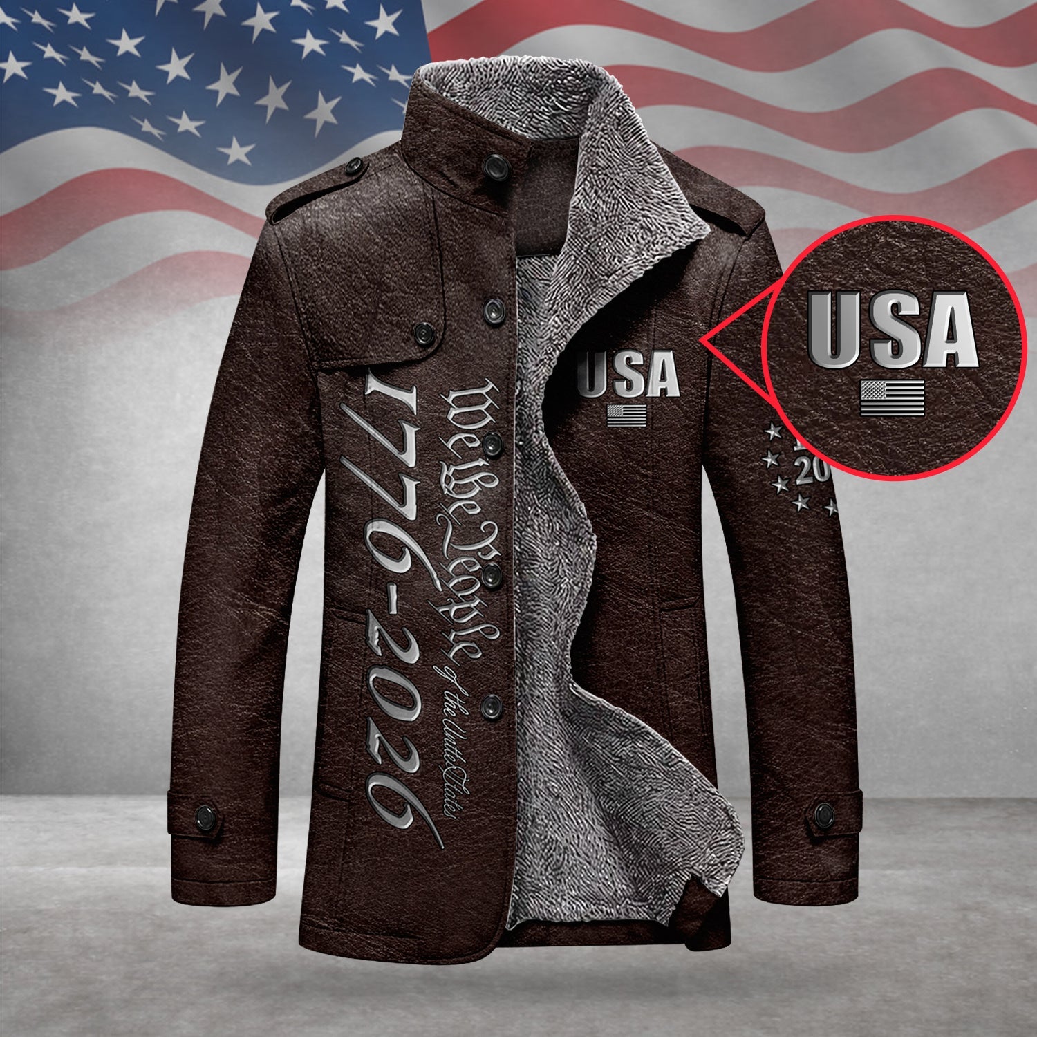 We The People 250 Years Silver Flag Men's Cold Premium Weather Jacket, Leather Trench Coat