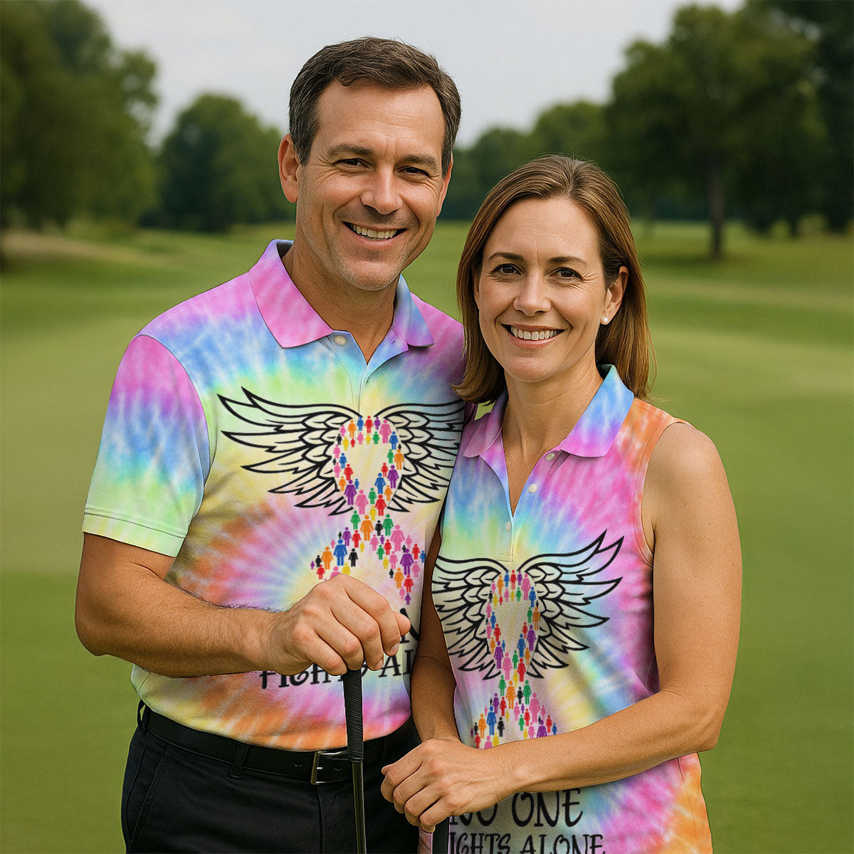 No One Fights Alone Cancer Ribbon Wings Polo Shirt, Golf Shirts For Men, Mens Golf Shirts