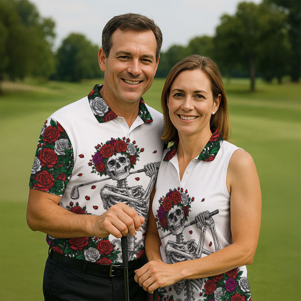 Rose Crown Skeleton Golfer Halloween Polo Shirt, Men's Golf Shirt, Printed Golf Shirts