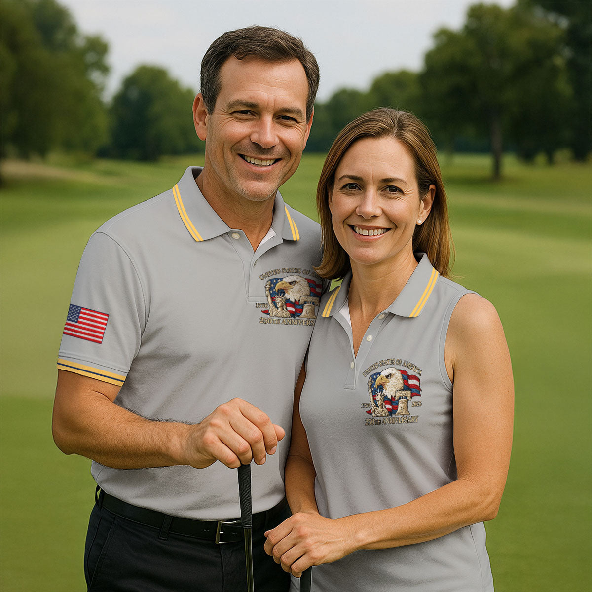 Bald Eagle American Flag 250 Years Grey Golf Shirt, Patriotic 4th Of July Golf Shirts For Men