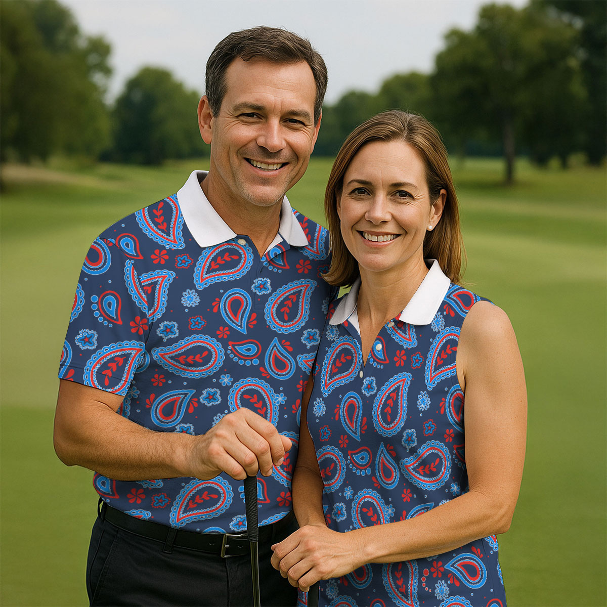Blue Red Paisley Pattern Golf Polo Shirt, Golf Shirts For Men, Hawaiian Golf Shirt