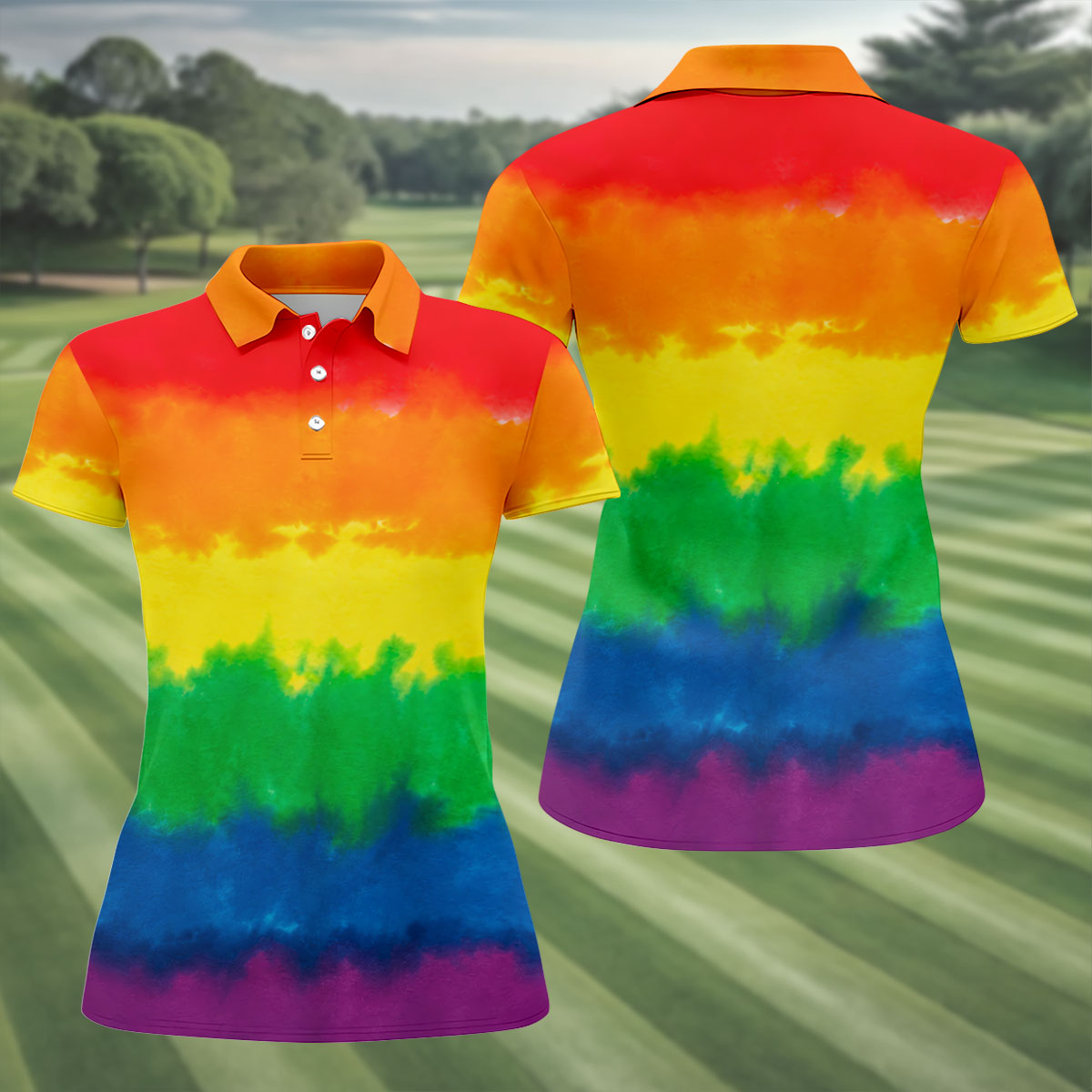 LGBT Rainbow Pride Month Celebrate Tie-Dye Print Ladies Golf Tops, Pride Colors Golf Shirt For Women